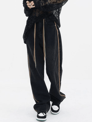 Jean boyfriend à cordon de serrage et rayures latérales