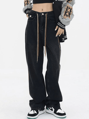 Jean boyfriend à cordon de serrage et rayures latérales