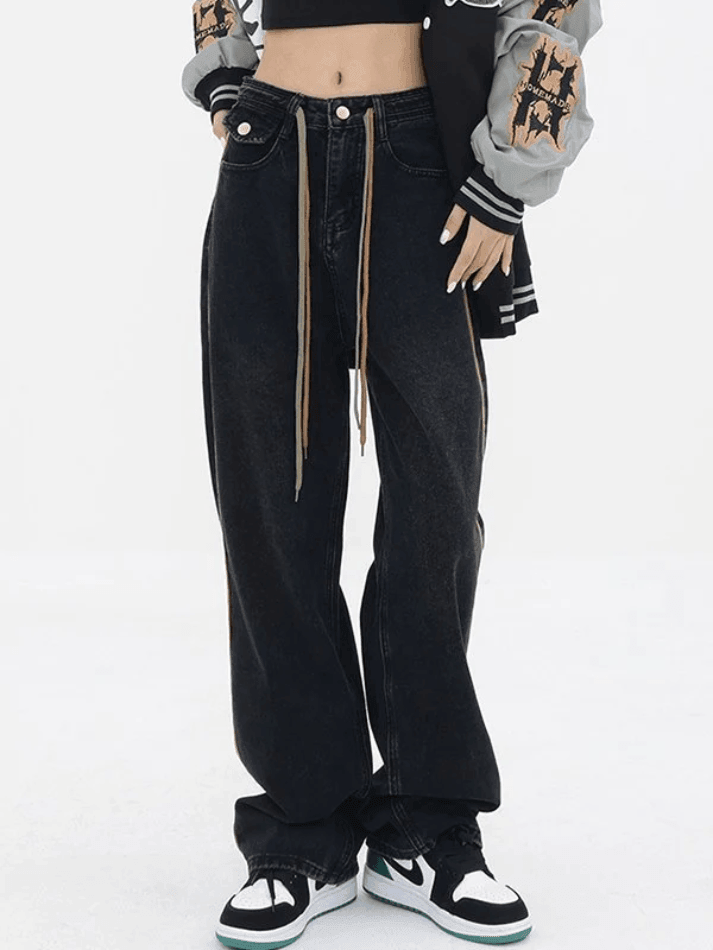 Jean boyfriend à cordon de serrage et rayures latérales