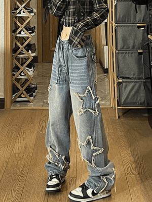 Jean boyfriend délavé vintage avec écusson étoile