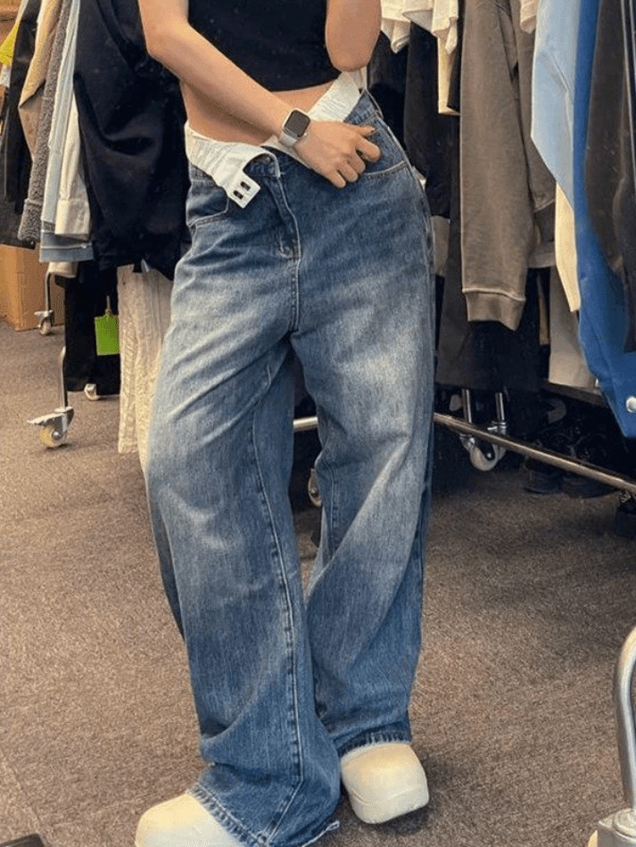 Jean boyfriend taille haute patchwork-Jeans-MAUV STUDIO-STREETWEAR-Y2K-CLOTHING