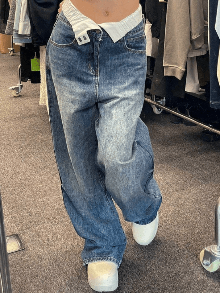 Jean boyfriend taille haute patchwork-Jeans-MAUV STUDIO-STREETWEAR-Y2K-CLOTHING