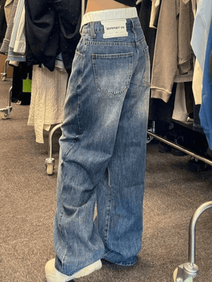 Jean boyfriend taille haute patchwork