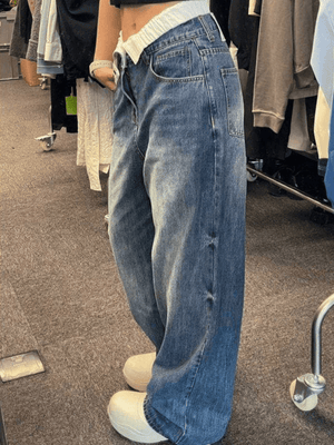 Jean boyfriend taille haute patchwork