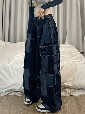 Jean cargo baggy à carreaux bleu vintage