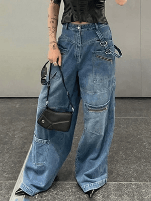 Jean cargo patchwork bleu délavé baggy