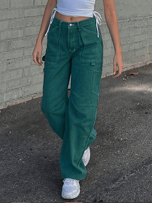 Jean cargo taille haute avec poche plaquée