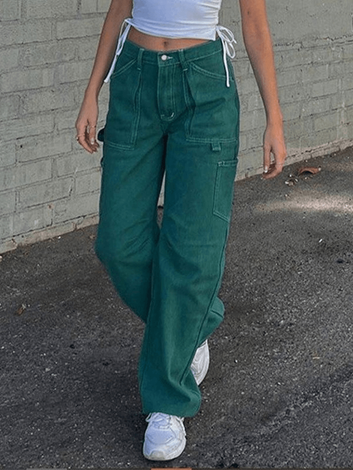 Jean cargo taille haute avec poche plaquée