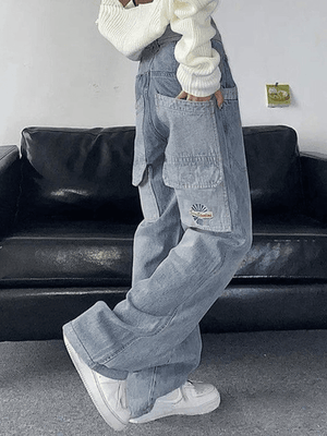 Jean cargo vintage à délavage clair et patchwork