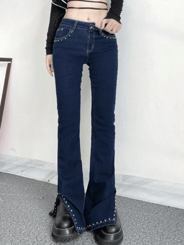 Jean évasé fendu avec perles Y2K