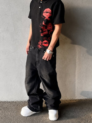 Kiss Tee with button front, Y2K graphic tee styled with low rise bottoms