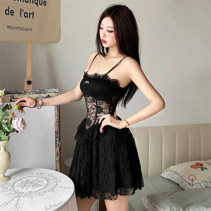 Lace Sheer Mini Dress view 3 | MAUVSTUDIO®