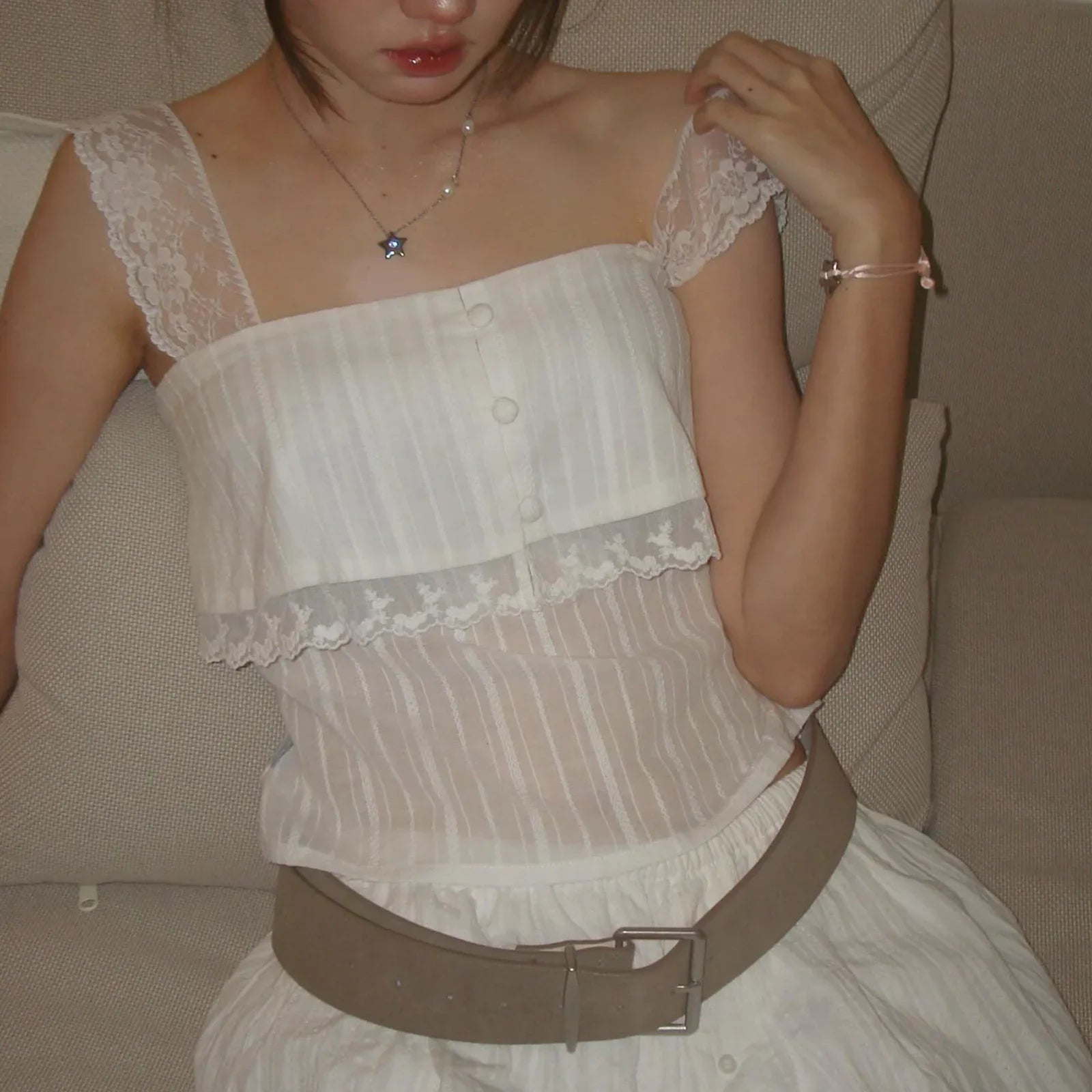 Lace Strap Sheer Top with lace trim, Y2K tube top styled with low rise bottoms