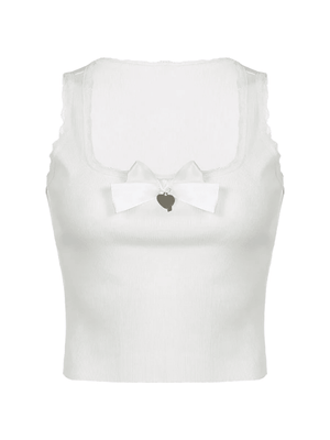 Lace Trim Bow White Tank Top