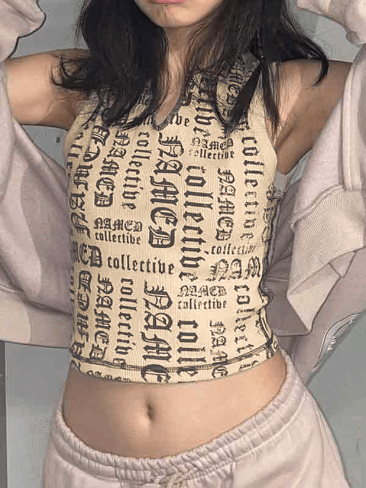 Letter Print V Neck Short Tank Top