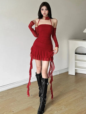 Mesh Ruffled Strapless Mini Dress view 3 | MAUVSTUDIO®