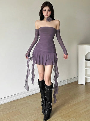 Mesh Ruffled Strapless Mini Dress view 5 | MAUVSTUDIO®