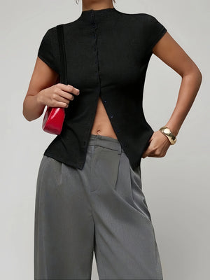 Mock Neck Button Top with ribbed knit, Y2K top styled with low rise bottoms