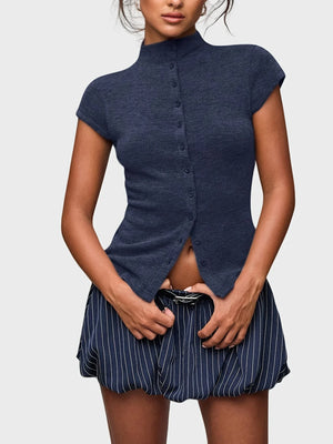 Mock Neck Button Top with ribbed knit, Y2K top styled with low rise bottoms
