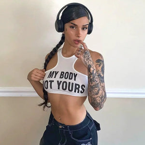 My Body Not Yours Tee with cropped cut, Y2K graphic tee styled with low rise bottoms