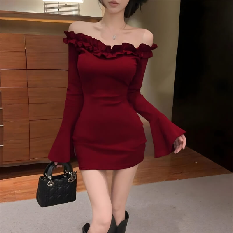 Off Shoulder Ruffle Mini Dress view 10 | MAUVSTUDIO®