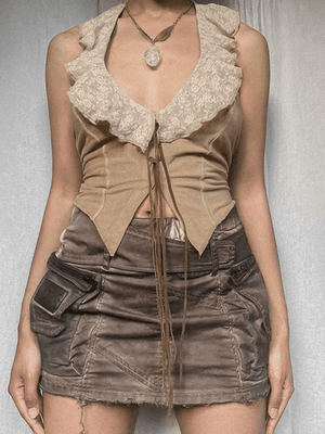 Panel Lace Tie Front Halter Tank Top