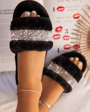 Pantoufles Plates Fluff Strass