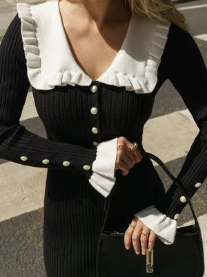 Peter Pan Collar Ribbed Midi Dress view 5 | MAUVSTUDIO®