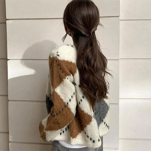 Preppy Aesthetic Argyle Cardigan