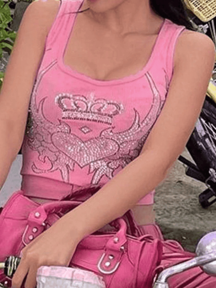 Rhinestone Winged Heart Ribbed Cropped Tank Top