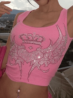 Rhinestone Winged Heart Ribbed Cropped Tank Top