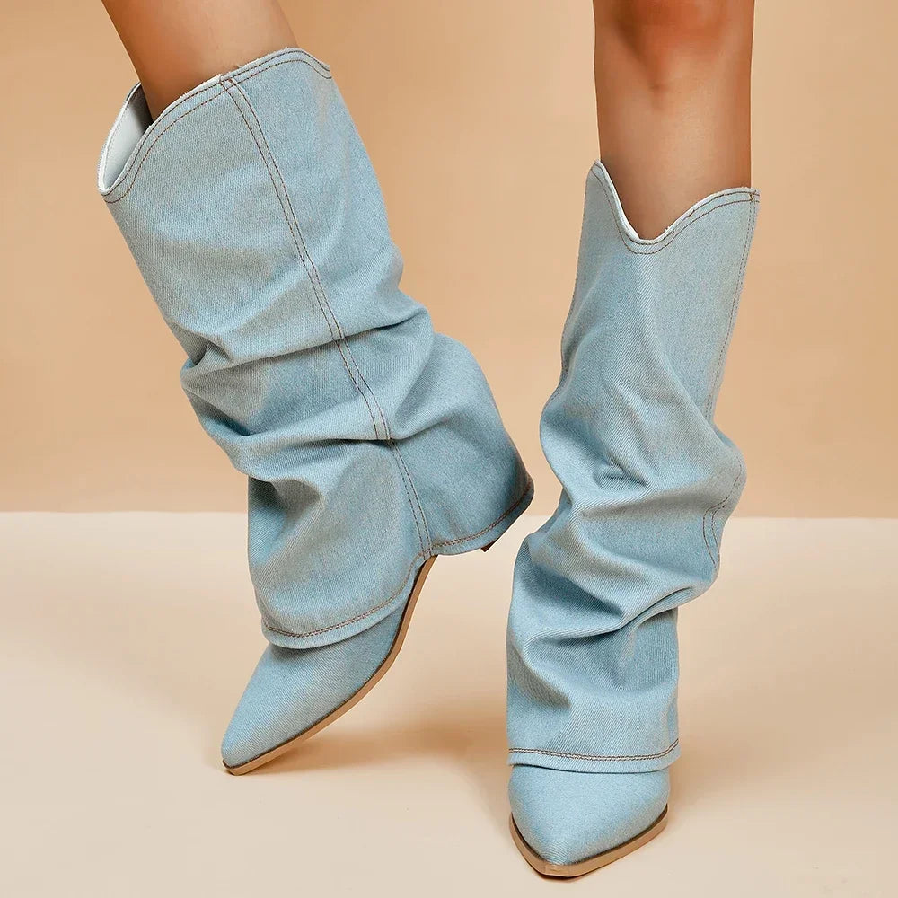 Y2K Pleated Denim Knee-High Western Boots
