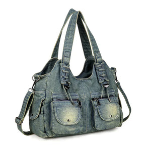 Vue latérale du Sac Denim Y2K Vintage bleu clair avec détails lacés et poches pratiques. Accessoire mode Y2K spacieux et stylé.