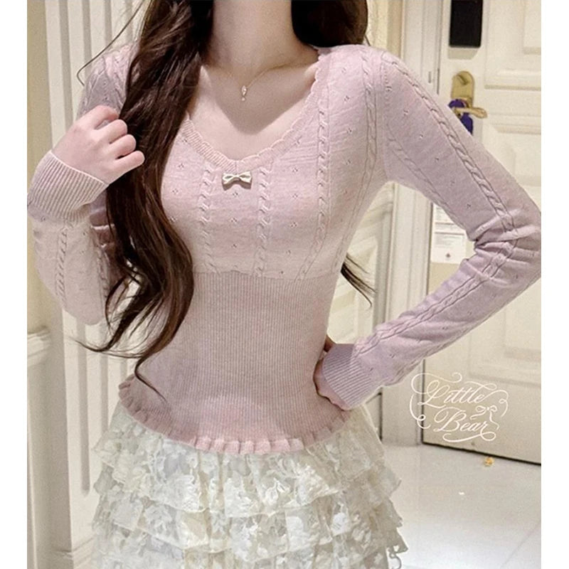 Coquette Bow Crop Knit V-Neck Sweater