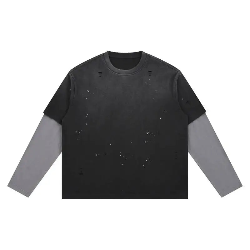 Distressed Splatter Print Ripped Layered Tee