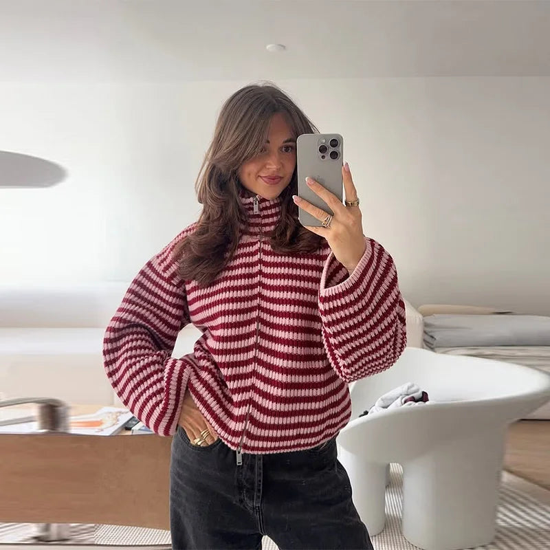 Striped cozy zip-up high-neck sweater