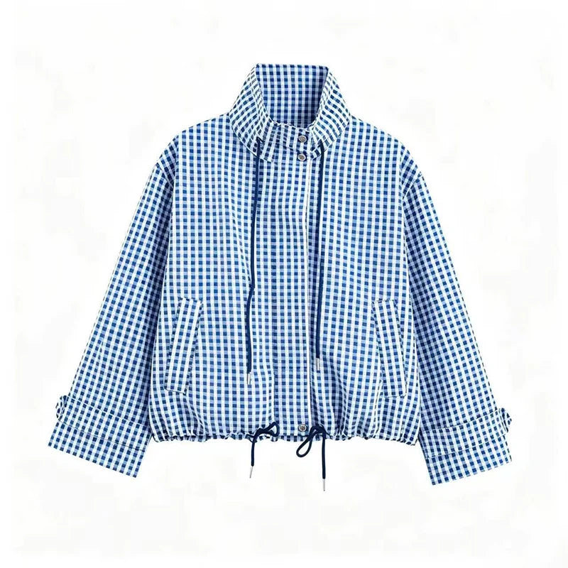 Vintage Plaid Stand Collar Cropped Zip Jacket