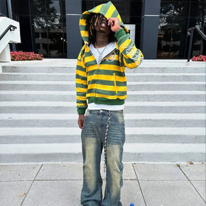 Y2K Stripe Rivet Embroidery Zip Up Hoodie styled look | MAUVSTUDIO®