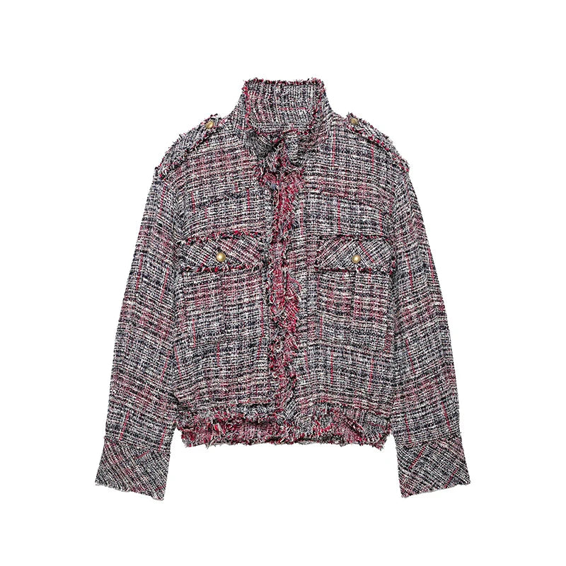 Tweed Fringe Cropped Bomber Jacket