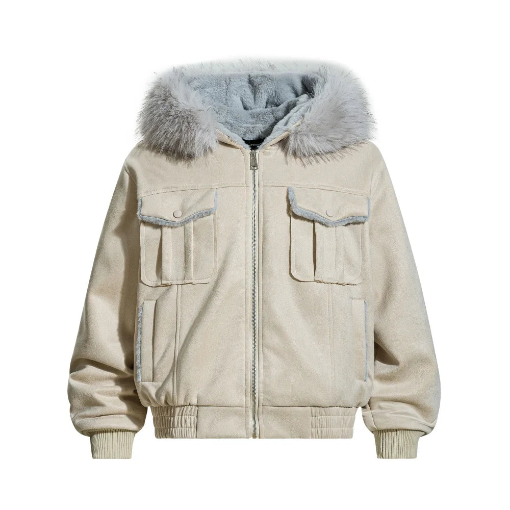 Y2K Fur Hooded Padded Jacket Multi Pockets
