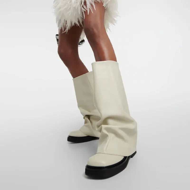Y2K Pleated Square Toe Knee-High Boots