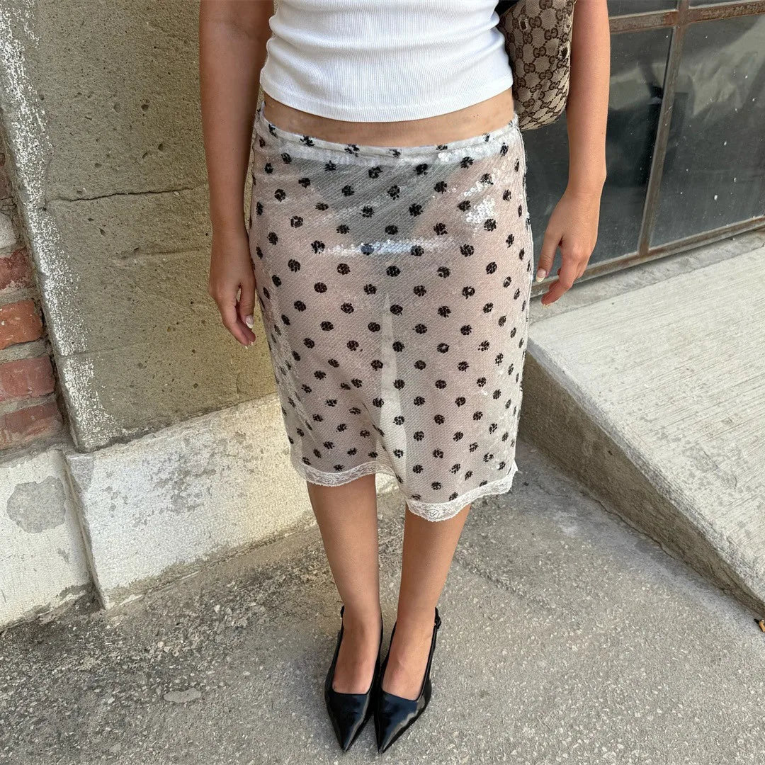 Coquette Lace Trim Midi Polka Dot Skirt