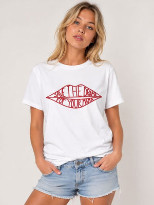 Save The Drama Tee with printed graphic, Y2K baby tee styled with low rise bottoms