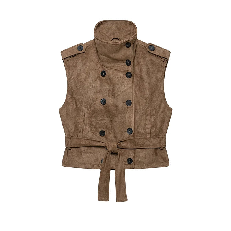 Vintage Faux Suede Belted Double Breasted Vest