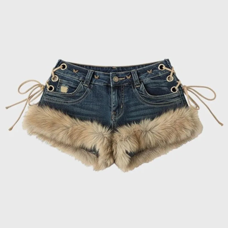 Y2K Fluffy Trim Low-Rise Denim Shorts