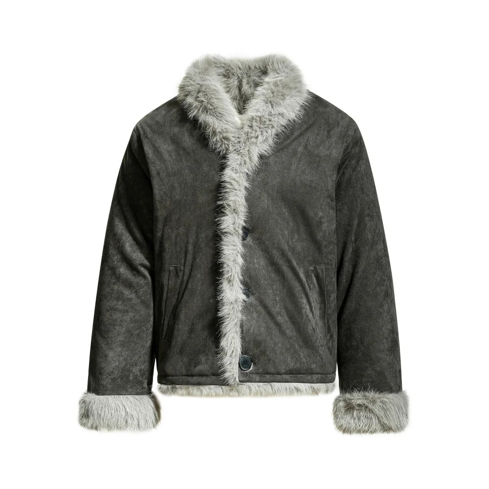 Y2K Faux Suede Jacket with Fur Trim