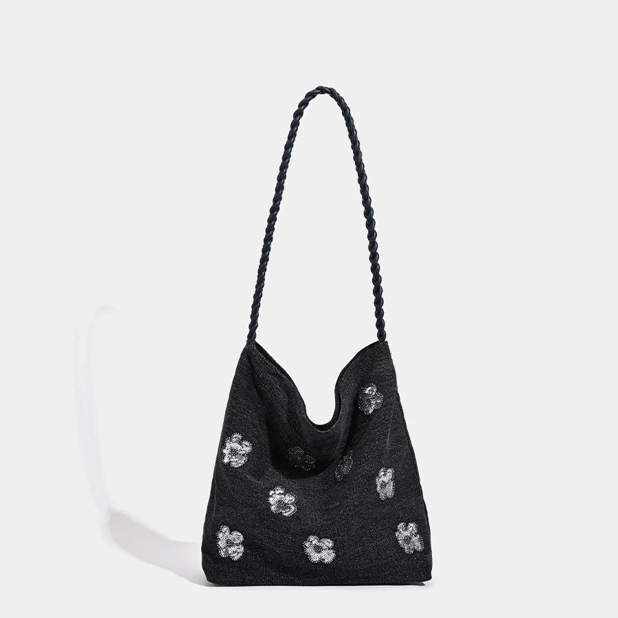 Y2K Denim Sequin Floral Bucket Shoulder Bag