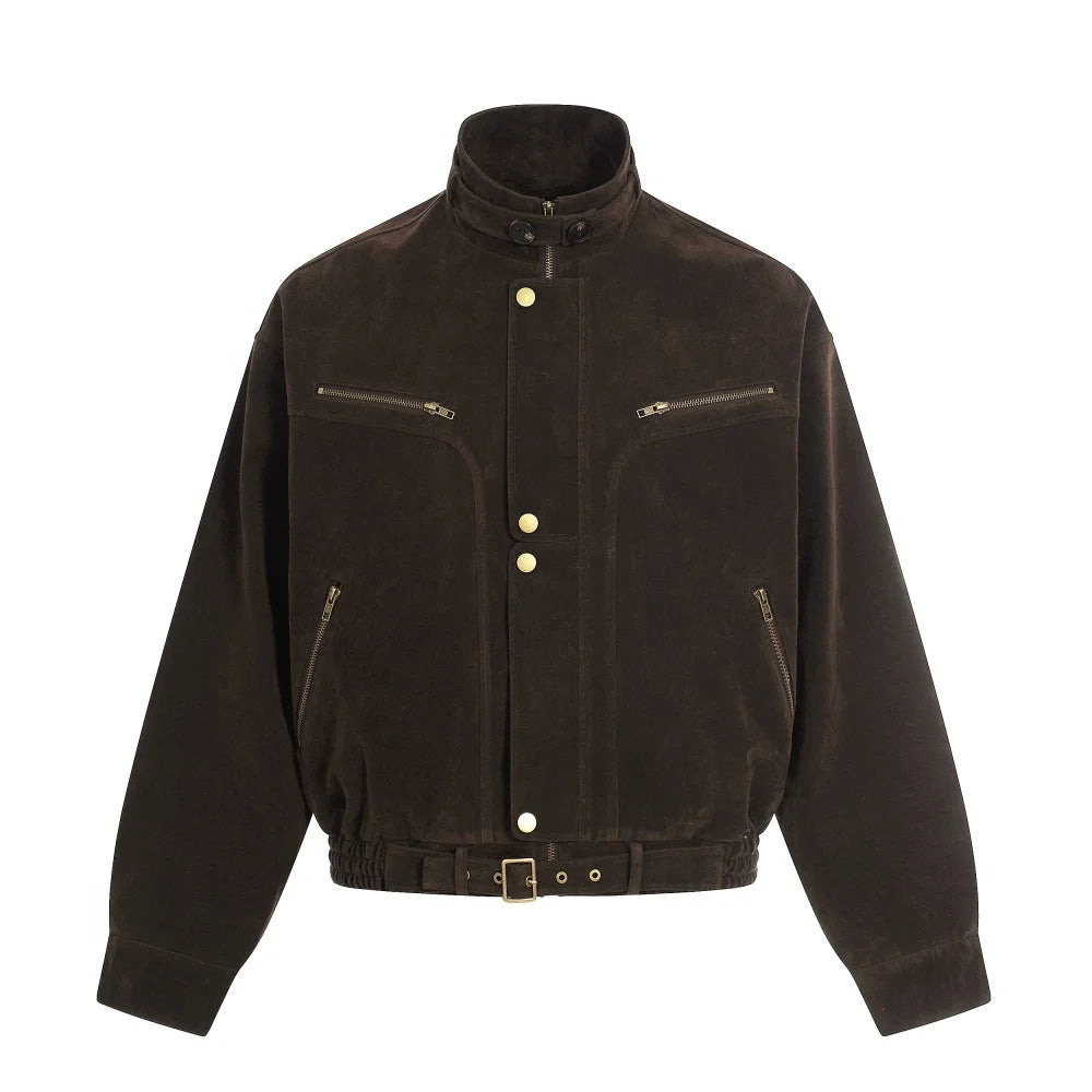 Y2K Suede Zip Jacket with Stand Collar