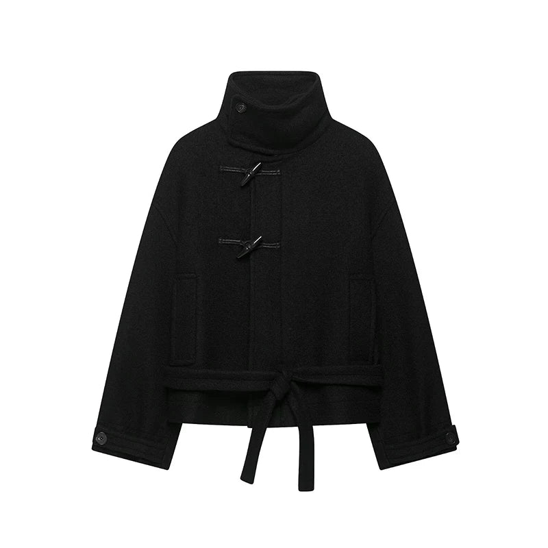 Dark Academia Black Belted Wool-Blend Short Coat