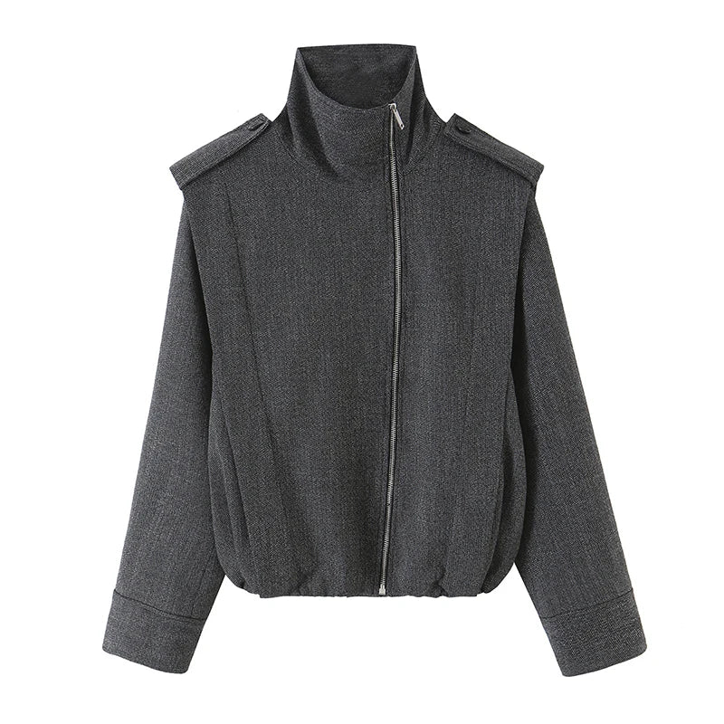 Dark Gray Side Zipper Shoulder Tab Jacket